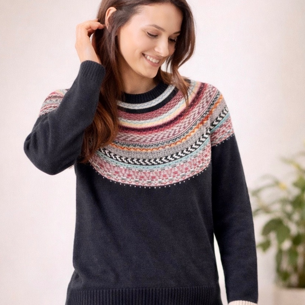 Fair‎ Isle Yoke Knit Medium Cotton Blend Sweater Black Multicolor